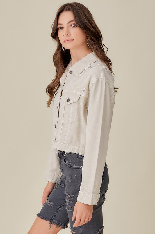 The Rhys Embellished Denim Jacket In White • Impressions Online Boutique